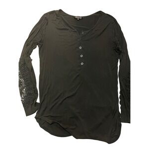 Amaryllis Womens Black Modal Henley Top Long Sleeve Crochet Lace Detail Medium